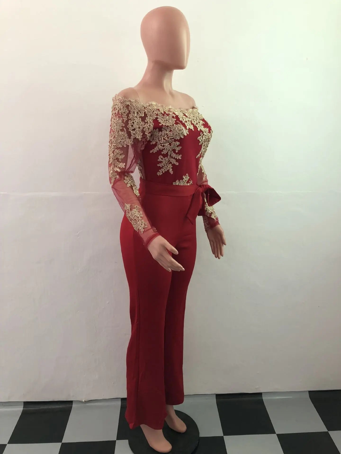 Womens Elegant Off Shoulder Long Pants Wide Leg Jumpsuits Floral Embroidery Lace See Through Cocktail Club Party Evening Rompers