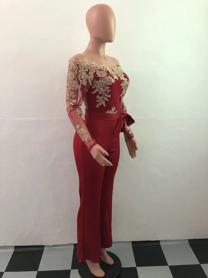 Womens Elegant Off Shoulder Long Pants Wide Leg Jumpsuits Floral Embroidery Lace See Through Cocktail Club Party Evening Rompers
