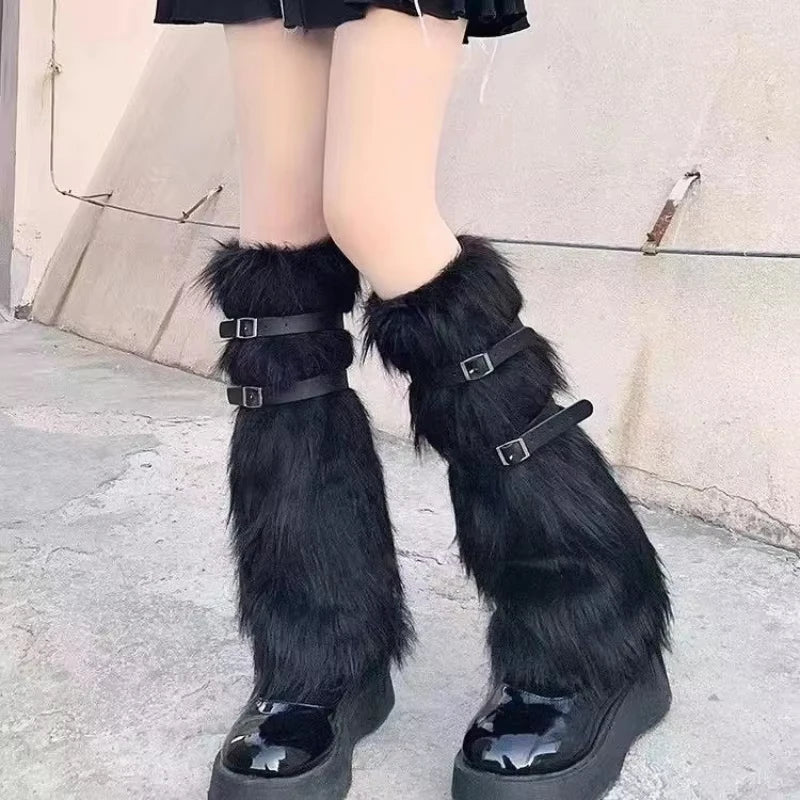 Furry Leg Warmers Women Sweet Lolita Leather-Buckle Plush Leg Covers Y2k Hottie Subculture JK Long Socks Punk Gothic Foot Covers