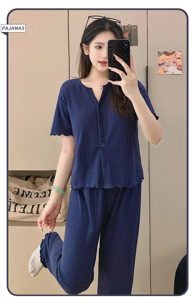 Cotton Fabric Floral Cardigan Printed Pajamas for Women Short-Sleeved Top and Long Pants Sleepwear Homewear Set Ladies Nightwear