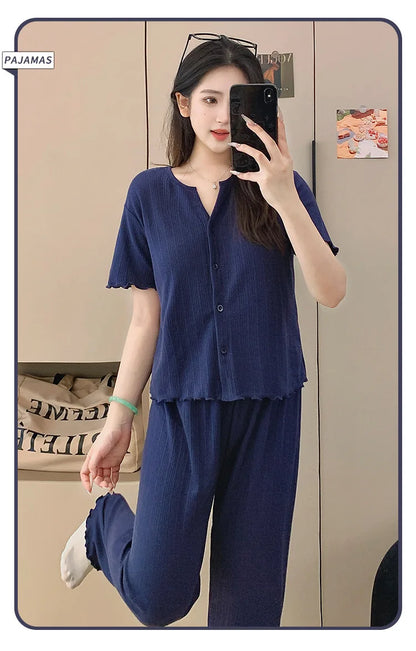 Cotton Fabric Floral Cardigan Printed Pajamas for Women Short-Sleeved Top and Long Pants Sleepwear Homewear Set Ladies Nightwear