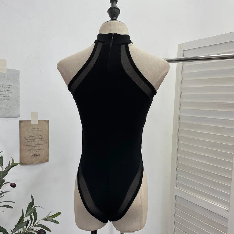 ISAROSE Summer Sexy Bodysuit for Women Stretch Braless Solid Color Back Zipper Sleeveless Basic Design Slim Halter Jumpsuit