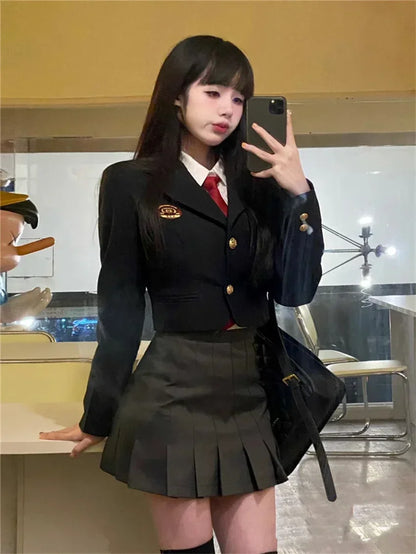Daily Korean JK Uniform Set College Style Girls Short Suit Blazer Navy Coat Wrap Hip Skirt Tie Shirt Hot Girl Set Spring Autumn