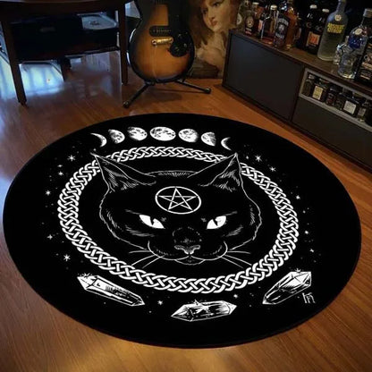 Gothic Satanic Cat & Goat Round Area Rug, Dark Aesthetic Throne Pattern Floor Mat Non-Slip Washable Circle Carpet for Home Decor