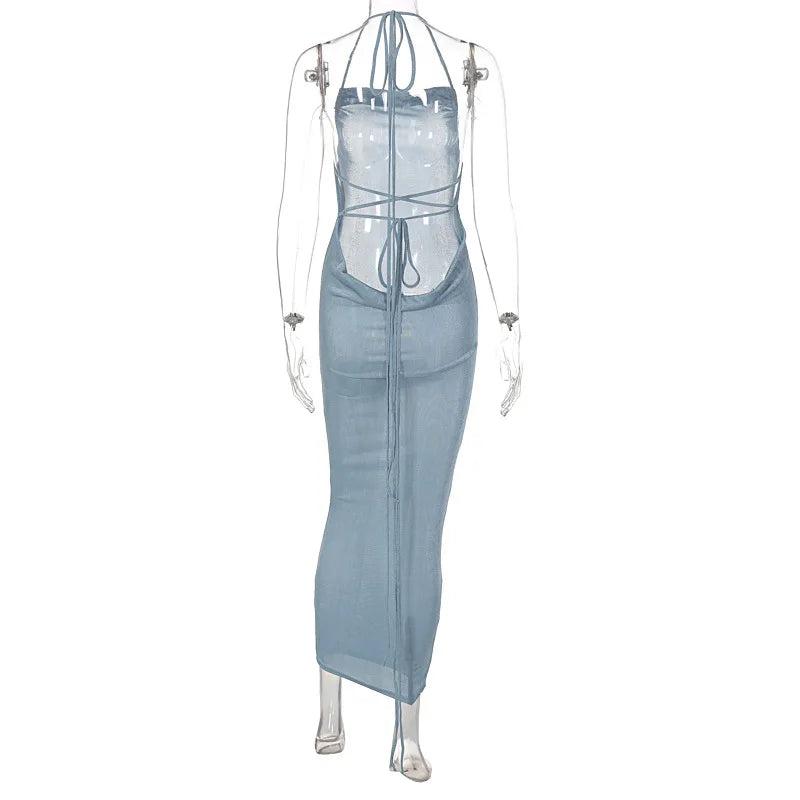 Sexy Long Shoulder Strap Open Back Backless Bodycon Maxi Dress Women Sleeveless Halter Skinny Long Dress Club Party Vestidos