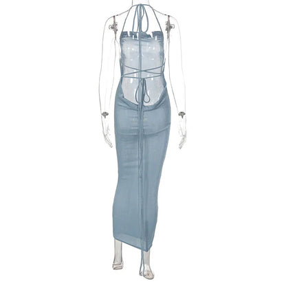 Sexy Long Shoulder Strap Open Back Backless Bodycon Maxi Dress Women Sleeveless Halter Skinny Long Dress Club Party Vestidos
