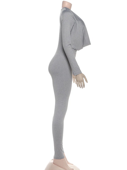 Sisterlinda Swinging Neck Slim Jumpsuits Sexy Hot Solid Cleavage Full Sleeve Elastic Overalls+Inside Chest Tanks Mujer Clubwear