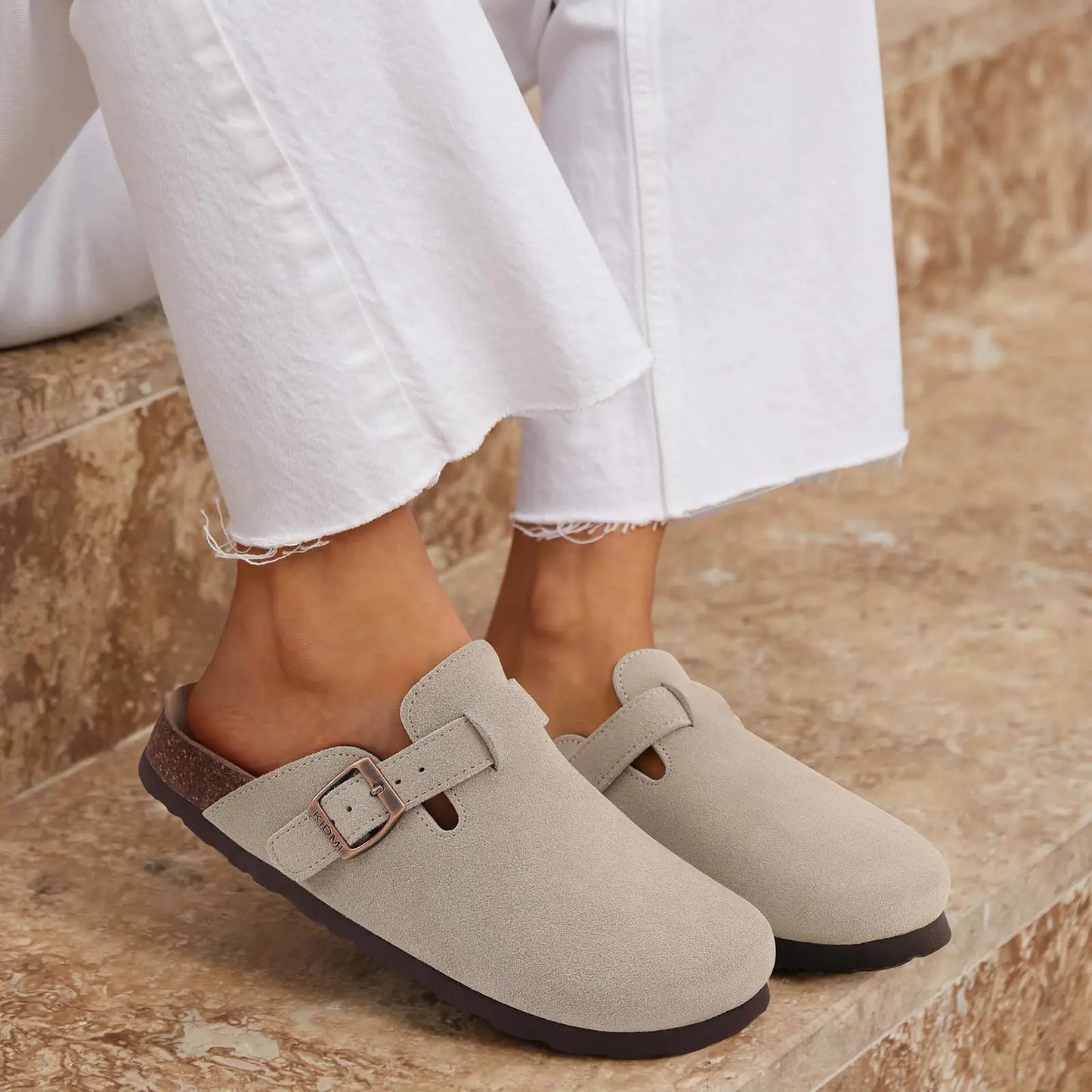 Kidmi New Cow Suede Women's Potato Shoes With Adjustable Strap Cork Insole Mules Outdoor Unisex Clogs Slippers With Arch Support