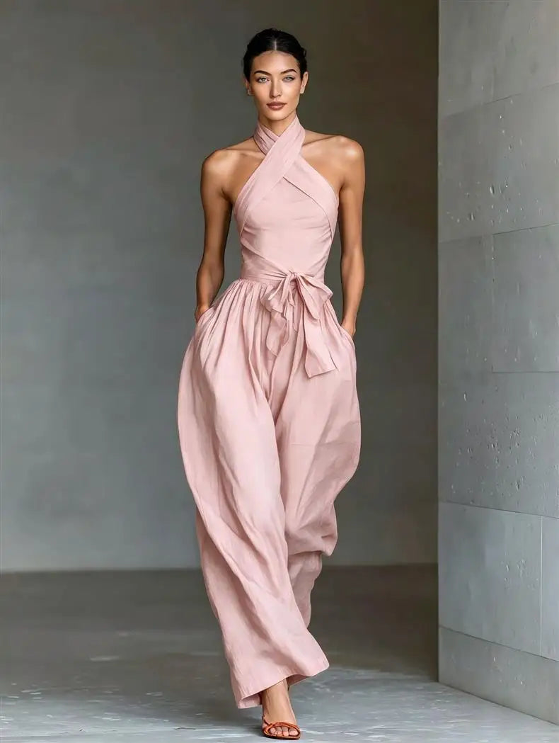 2026 High Waist Tie-up Wide Leg Pants Jumpsuit Woman Sexy Criss Cross Halter Backless Zips Romper Summer Solid Office Overalls