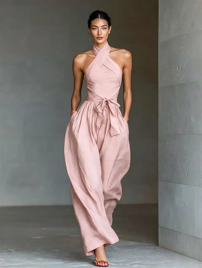 2026 High Waist Tie-up Wide Leg Pants Jumpsuit Woman Sexy Criss Cross Halter Backless Zips Romper Summer Solid Office Overalls
