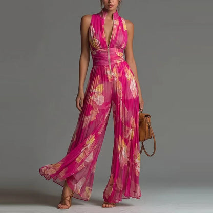 Sexy Deep V Neck Hollow Zip Jumpsuit Women's Spring Solid High Waist Wide Leg Romper Summer Sleeveless Pleated Vacation Overalls