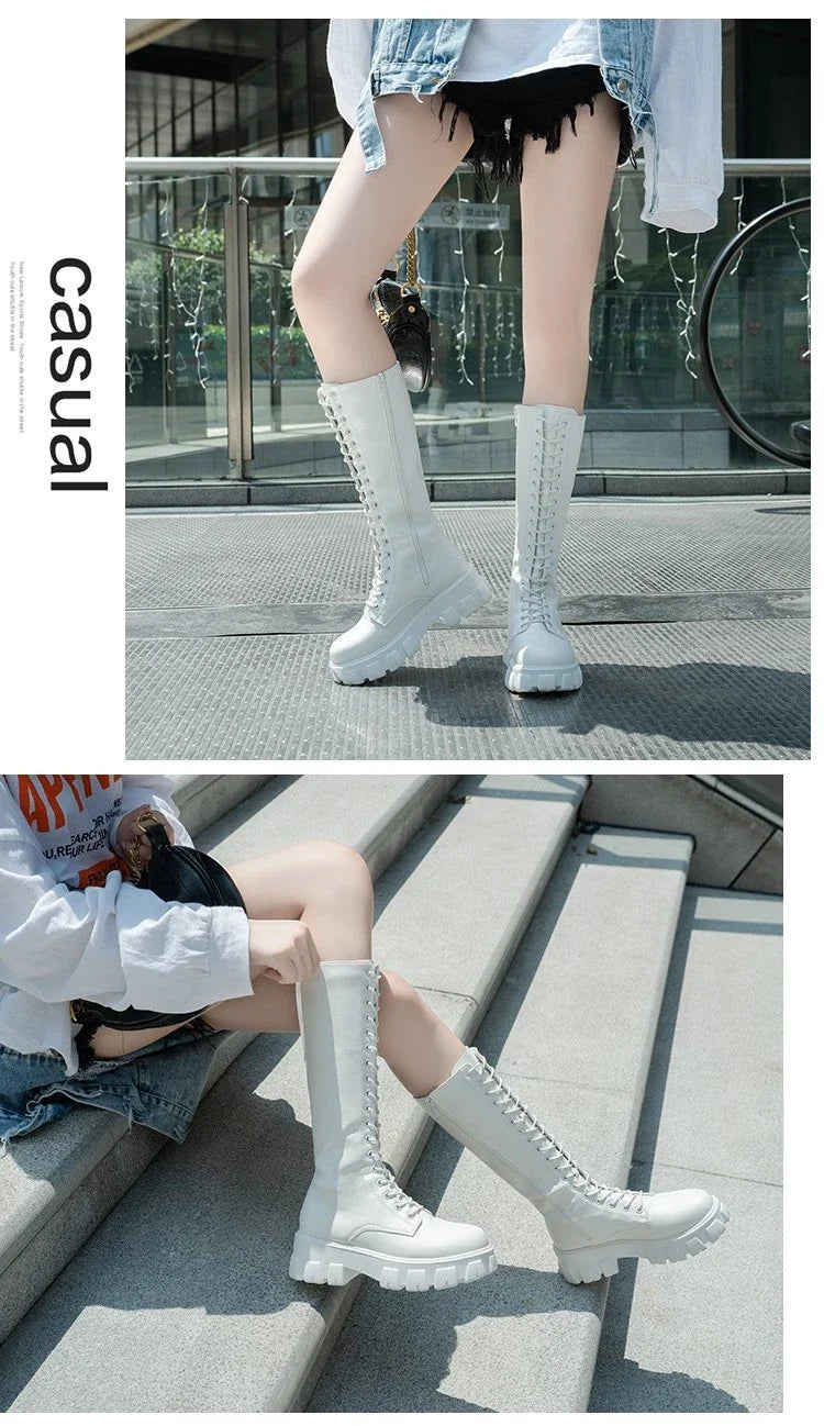 Women's Mid Calf Boots Padded Shoes Knee High Winter Sneakers Punk Style Military Casual White Black 2024 Lucury Platform Woman