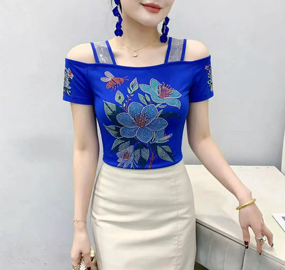 High Quality Elasticity Clothes Fashion T-Shirts Women's Sexy Off Shoulder Shiny Diamonds Mesh Tops Summer Tees Shirt