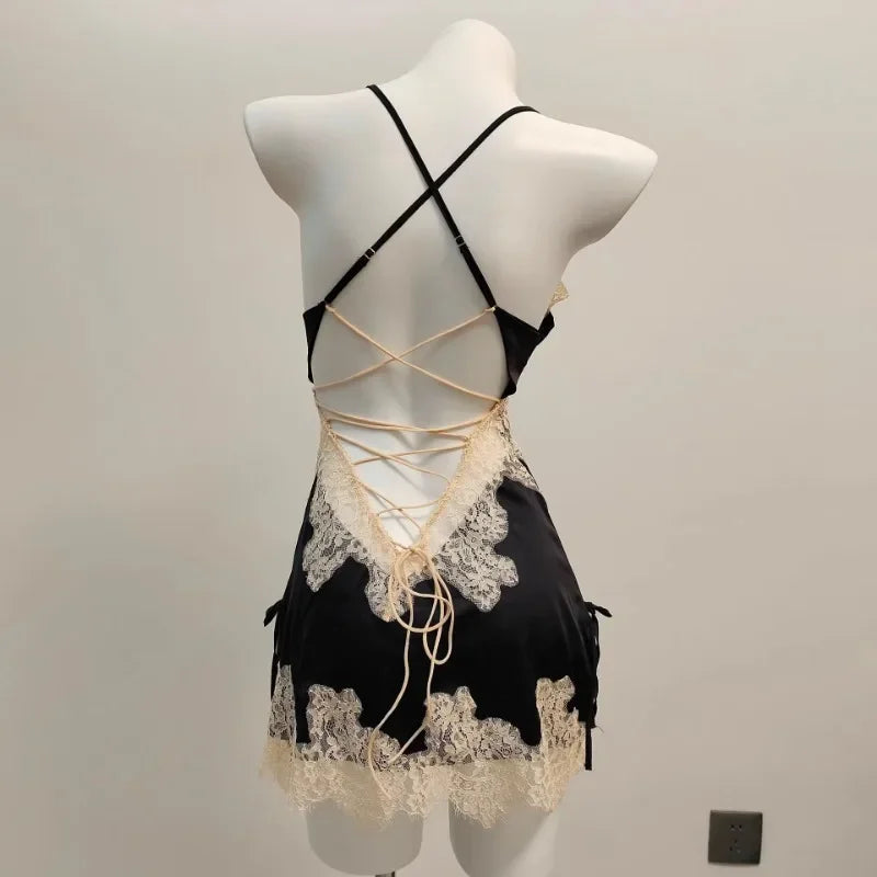 Sexy Pajamas for Women Nightwear Ice Silk Lace Beautiful Back Suspender Pajama Night Dress Elegant Strap Sweet Nightgown 2025