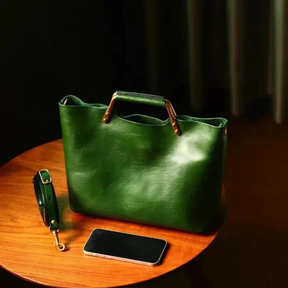 Luxury Leather Green Bucket Bag Retro Metal Handle Large Capacity Tote Bag Fashionable Casual Solid Color Shoulder Bag