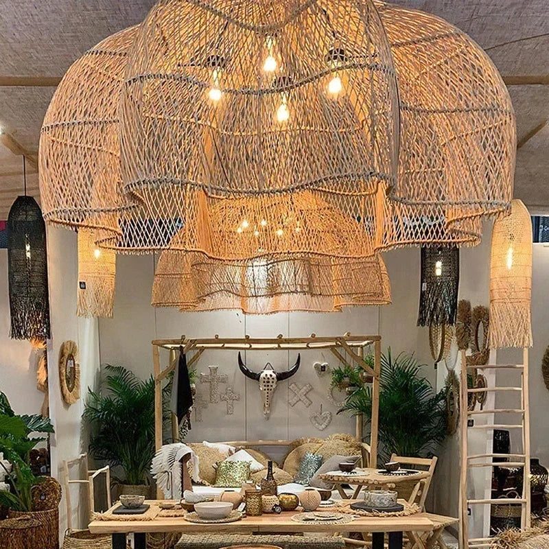 Japanese Style Wabi-sabi Retro Rattan Chandelier Creative Living Room Restaurant Box Pendants LIghts Hotel Living Room Lamps LED