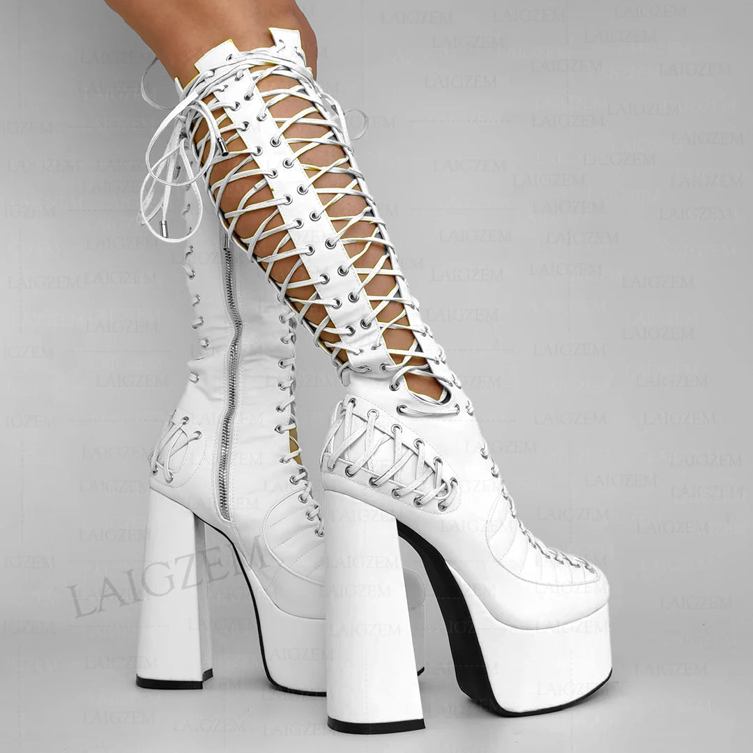LAIGZEM Women Knee High Sandals Side Zip Up Pumps Shoes Lace Platform Cosplay Party Show Ladies Girls Shoes Woman Big Size 43 47