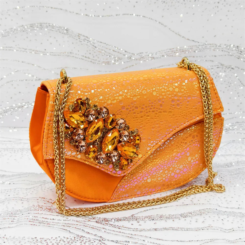 Elegant Orange Color 2025 Rhinestone High-Heels Shoes & Handbag Set – Luxury Wedding & Party Accessories