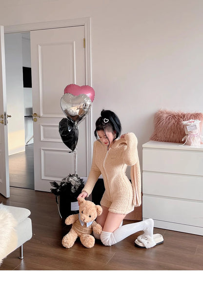 Pink Rabbit Hooded Fluffy Jumpsuits Sweet Zipper Long Sleeve Solid Color Rompers Flannel Onesie Shorts Pajamas Loungewear