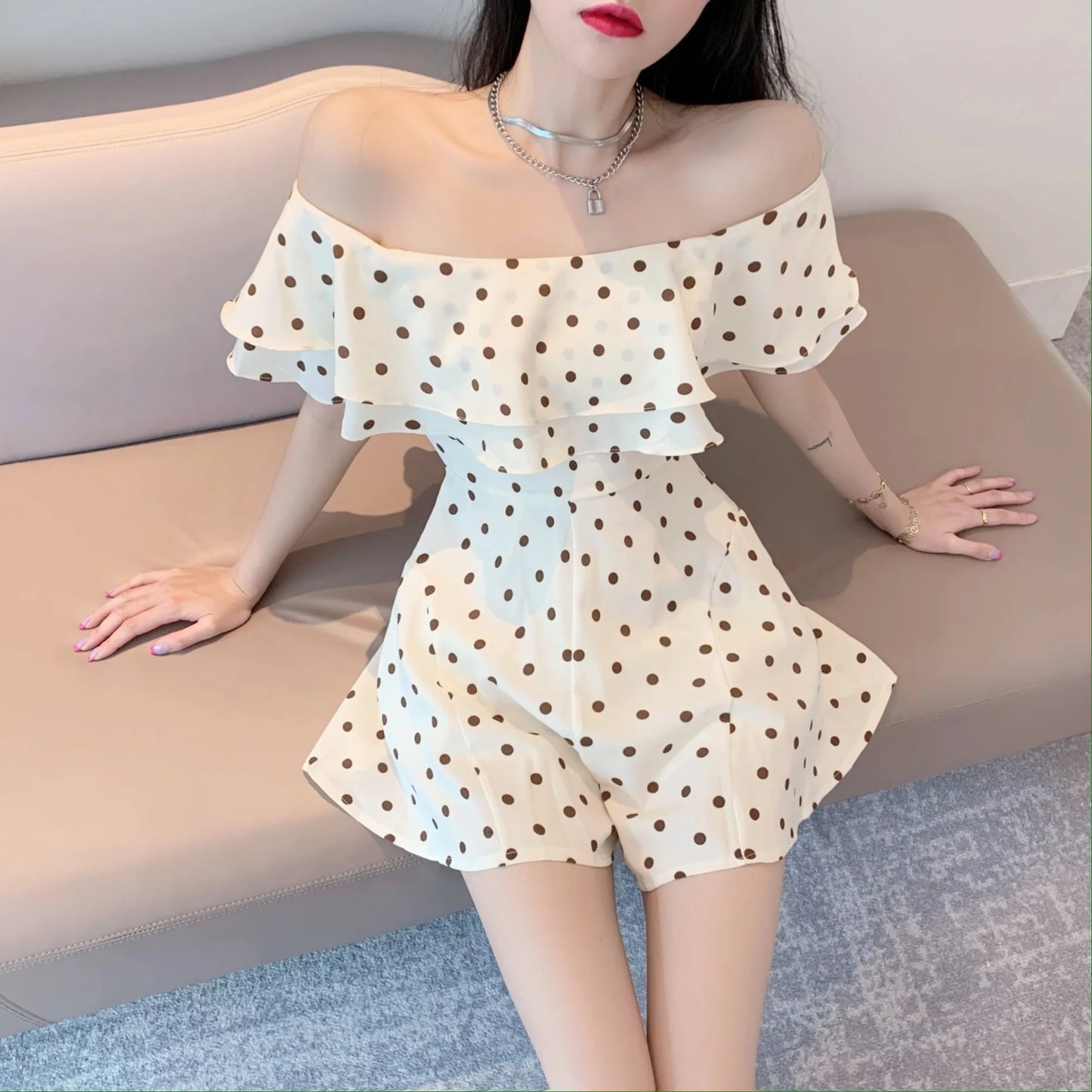 2025 Summer New Women Korean Off-shoulder Short Jumpsuit Female Chiffon Polka-dot Playsuits Ladies Short Sleeve Thin Rompers P73