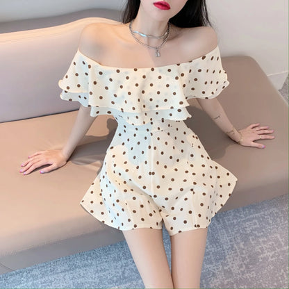 2025 Summer New Women Korean Off-shoulder Short Jumpsuit Female Chiffon Polka-dot Playsuits Ladies Short Sleeve Thin Rompers P73