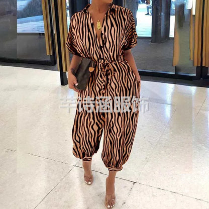 2025 Summer New Dot Leopard Print Jumpsuit Women Short Sleeve Leace-up Pocket Casual Jumpsuits Fashion Vintage Ladies Bodysuits
