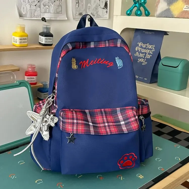 Preppy Style Blue Backpack for Girls, Plaid Spliced School Bag, Cute Nylon Daypack Star Pendant, Large Capacity Student Rucksack