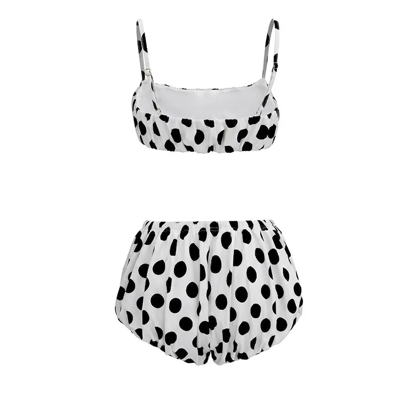 FAGADOER Retro Polka Dot Two Piece Sets Spaghetti Strap Ruched Crop Top + Bubble Puff Shorts Outfits Women Holidays Suits