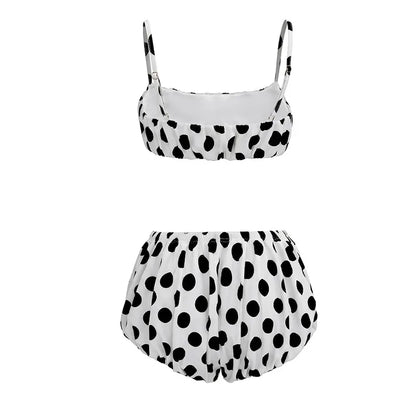 FAGADOER Retro Polka Dot Two Piece Sets Spaghetti Strap Ruched Crop Top + Bubble Puff Shorts Outfits Women Holidays Suits