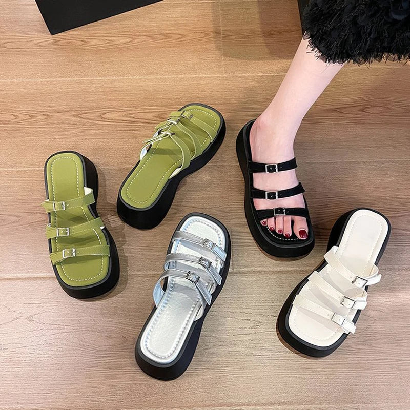 Women Thicken Soled Buckle Strap Sandals Platform High Heel Shoes Ladies Cut-Out Slippers Open Toe Flipflops Silver Beach Slides