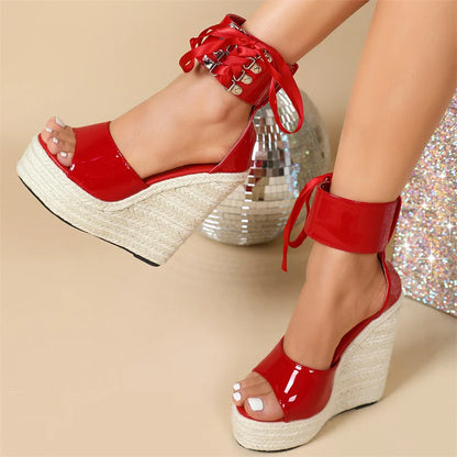 Liyke 2026 Summer Fashion Lace Up Cover Strap Women Wedge Sandals Straw Rope Weave Platform High Heels Open Toe Party Dress Shoe