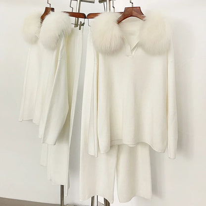 Reality Fur Jacket Pullover Set Woman Spring Knitted Suit Knitwear Female Real Fox Fur Collar Sweater Lady Autumn Knitted New