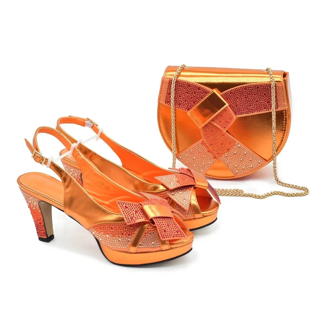 New Fashion Coffee Shoe and Bag Set for Party in Women Rhinestone Heeled Shoes for Women Ladies Party Shoes with Matching Bag