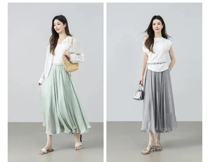 SENTUBILA Women's Summer Skirt 2026 Elegant Elastic Waist Sheen Flowy A Line Long Skirt for Woman Ladies Clothes 162QG4909