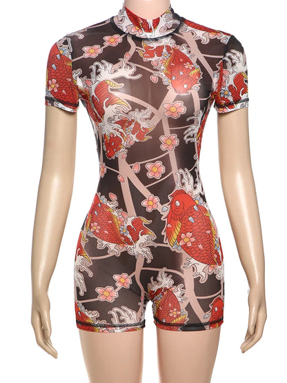 Weird Puss Backless Playsuit Women See Through Shorts Sleeve Peach Buttocks Summer Trend Aesthetic Print Midnight Club Romper