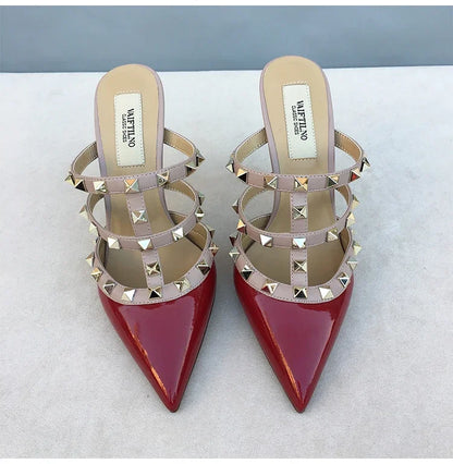 Women's sandals luxury Brand Shoes Woman 2025 trend Ankle Strap Summer Rivets High Heels Slippers Design Pointed Toe Sexy party