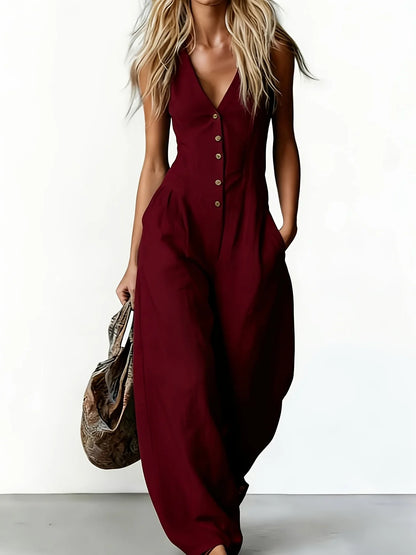 Women V Neck Spaghetti Strap Jumpsuit High Waist Pleated Wide Leg Long Pants with Pockets Casual Vacation Solid Overalls