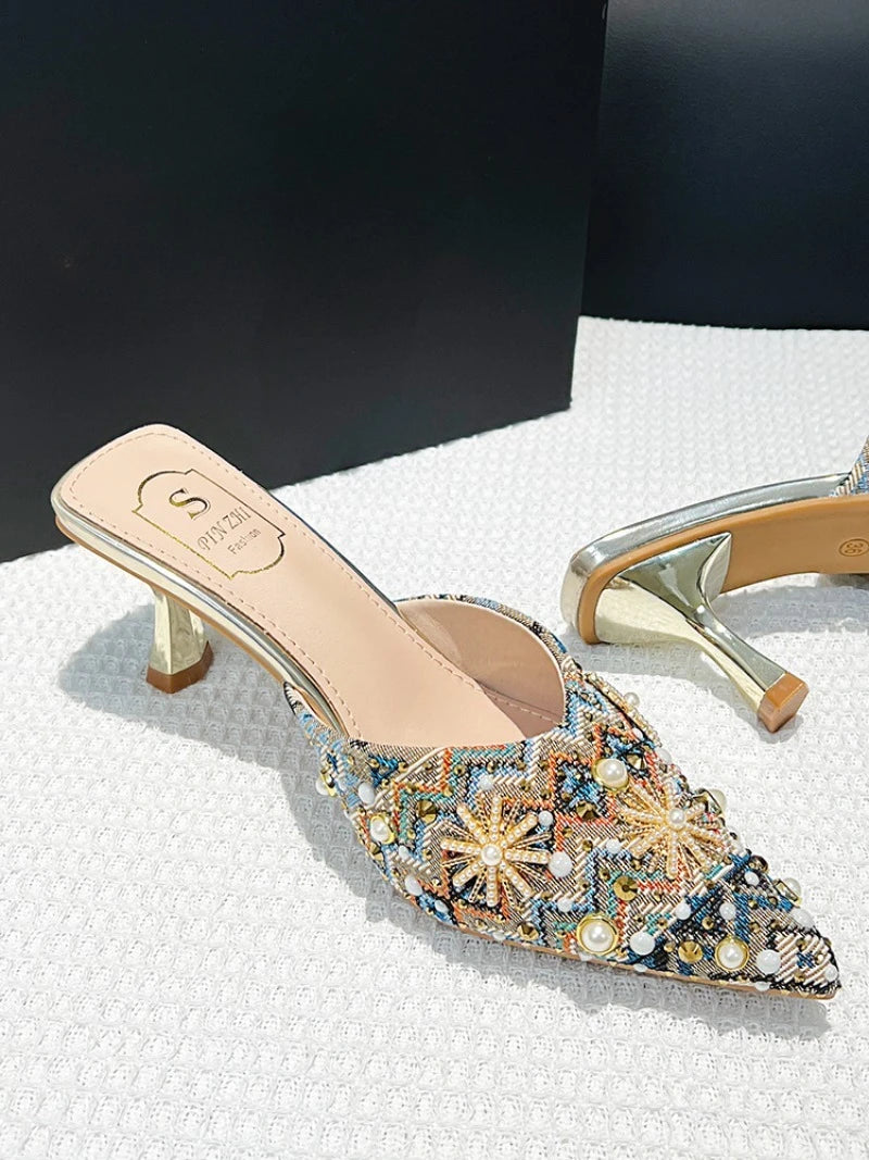 Luxury String Bead Decoration Design Brand High Heel Slippers Women Shiny Rhinestone Slide Sandals Elegant Wedding Bridal Shoes