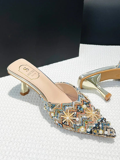 Luxury String Bead Decoration Design Brand High Heel Slippers Women Shiny Rhinestone Slide Sandals Elegant Wedding Bridal Shoes