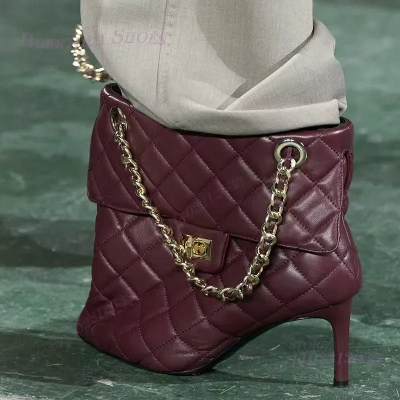 Red Handbag Chain Boots Pointed Toe Women Brown Leather Plaid Metal Buckle Heels Ankle Calf Booties Girl White Stiletto Shoes