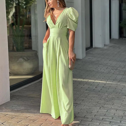 Summer Women's Slim Short Puff Sleeve V-neck Wide Leg Long Jumpsuit Elegant High Waist Ruched  Pocketed Solid color jumpsuits
