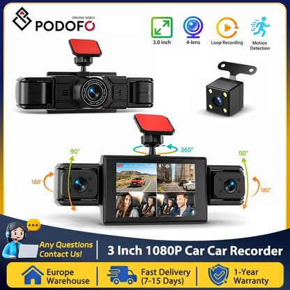Podofo Dashcam for Cars 4 Channel Black Box WiFi Driving Camera 1080P Car Dash Cam with Four High-Definition Cameras, Including 480P Left Interior, Right Interior, and Rear Cameras  Loop Recording, 360 Degree Protection Car D