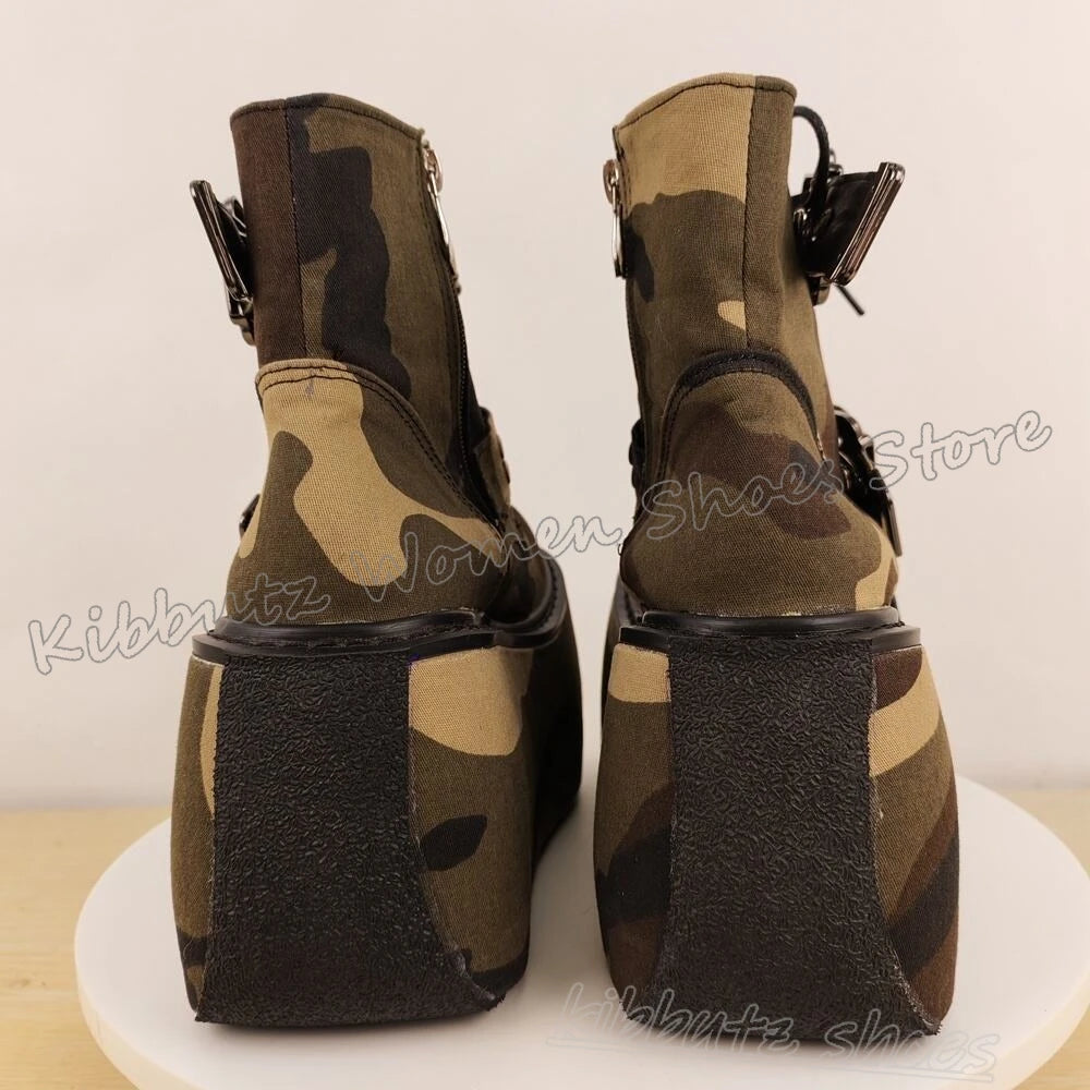 Belt Buckle Ankle Boot Platform Shoes Round Toe Thick Bottom Lace-Up Mixed Color Fashion Luxury Elegant Concise Sexy Novelty New