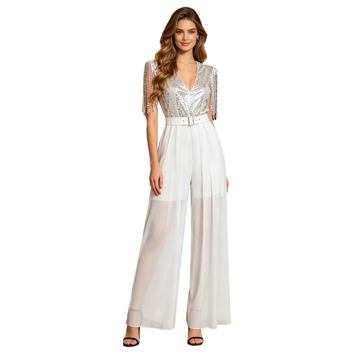 Women Evening 70s 80s Disco Costume Outfit Wide Leg Pants Cocktail Clubwear Party Romper Tassel Sequin Jumpsuits Fringe Jumpsuit
