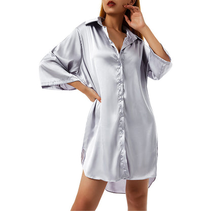 Women Underwear Summer Sleeping  Dress Satin Half Sleeve Single Breasted Fall Loose Nightgowns Home Wear Lounge