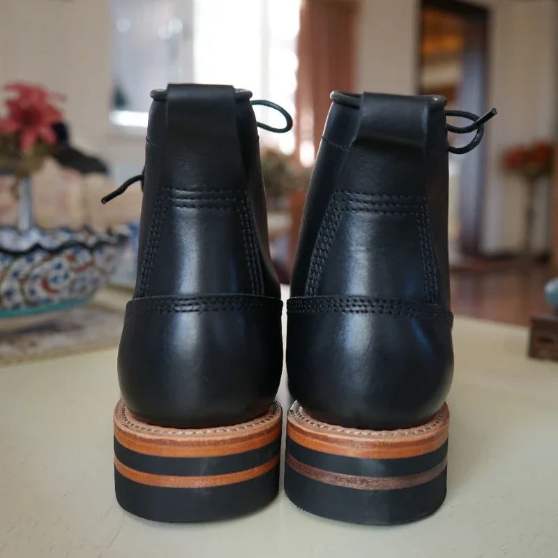 Goodyear-welding Workwear Men's Boots Leather Round Toe Mid-top Biker Shoes