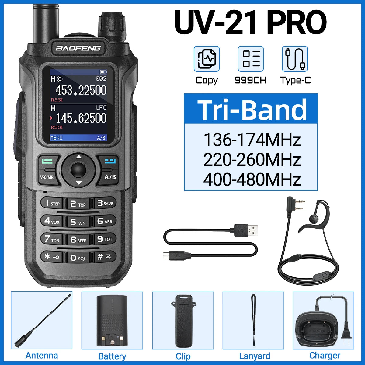 Baofeng UV-21 Pro V2 Wireless Copy Frequency Tri Band Powerful Waterproof Long Range UV-5R Long Range Type-C Two Way Ham Radio