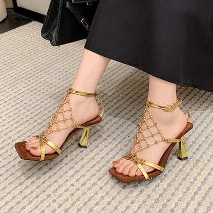 Luxury Gold Bling Rhinestone High Heeled Sandals Women Fashion Square Toe Cross Tied Designer Shoes Elegant Banquet Dress Shoes