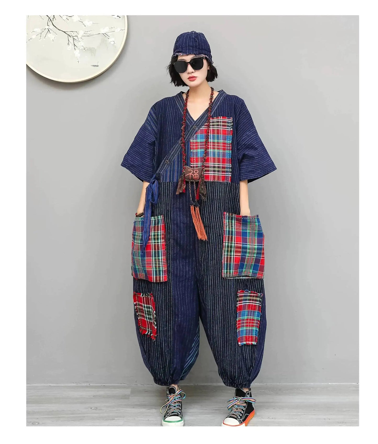Women Plaid Jumpsuit Loose Wide Legs Short Sleeves Diagonal Buttons Straps Jumpsuit LX6229