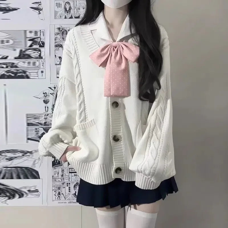 School Autumn Winter Lazy Style Japanese JK Knit Cardigan Loose College Sweater Plaid Skirt Matching Set For Campus Daily Class